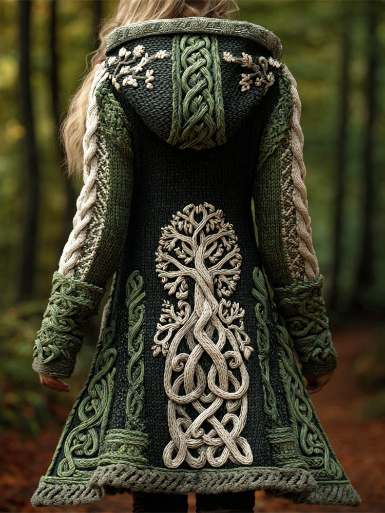 Viking Celtic Tree Women's Knit Hooded Long Cardigan artswardrobe