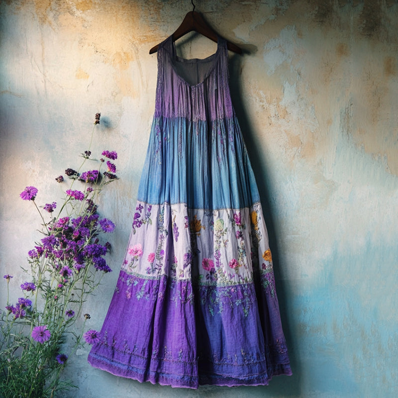 Vintage Bohemian Lavender Embroidery Patchwork Art Sleeveless Cozy Linen Maxi Dress artswardrobe