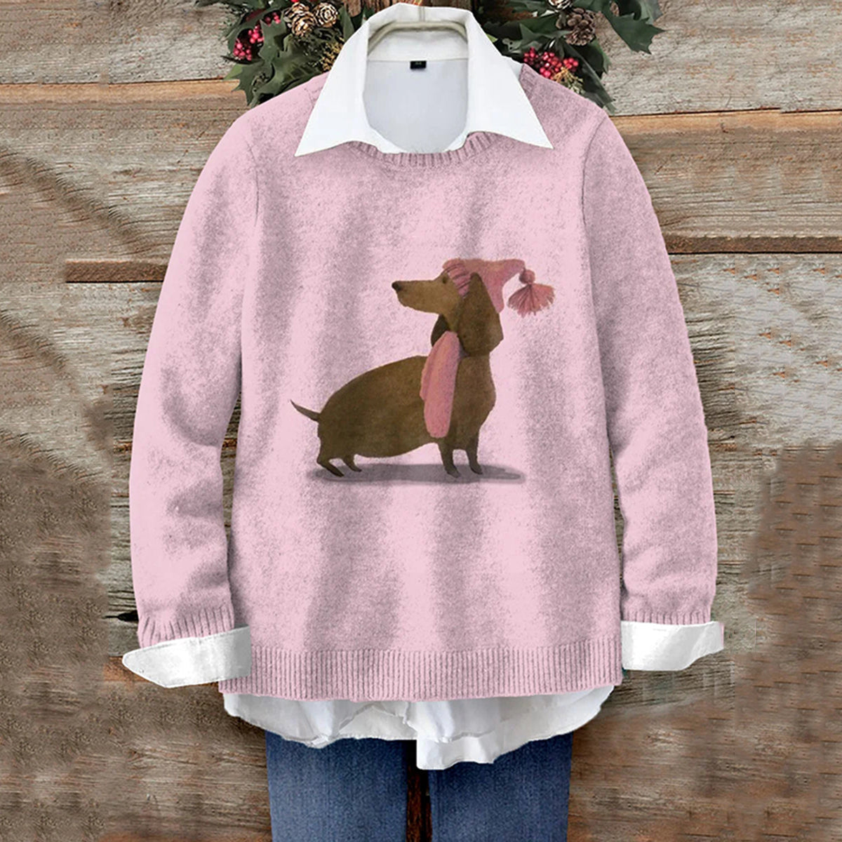 Comstylish Women's Pink Dachshund Cute Christmas Sweater