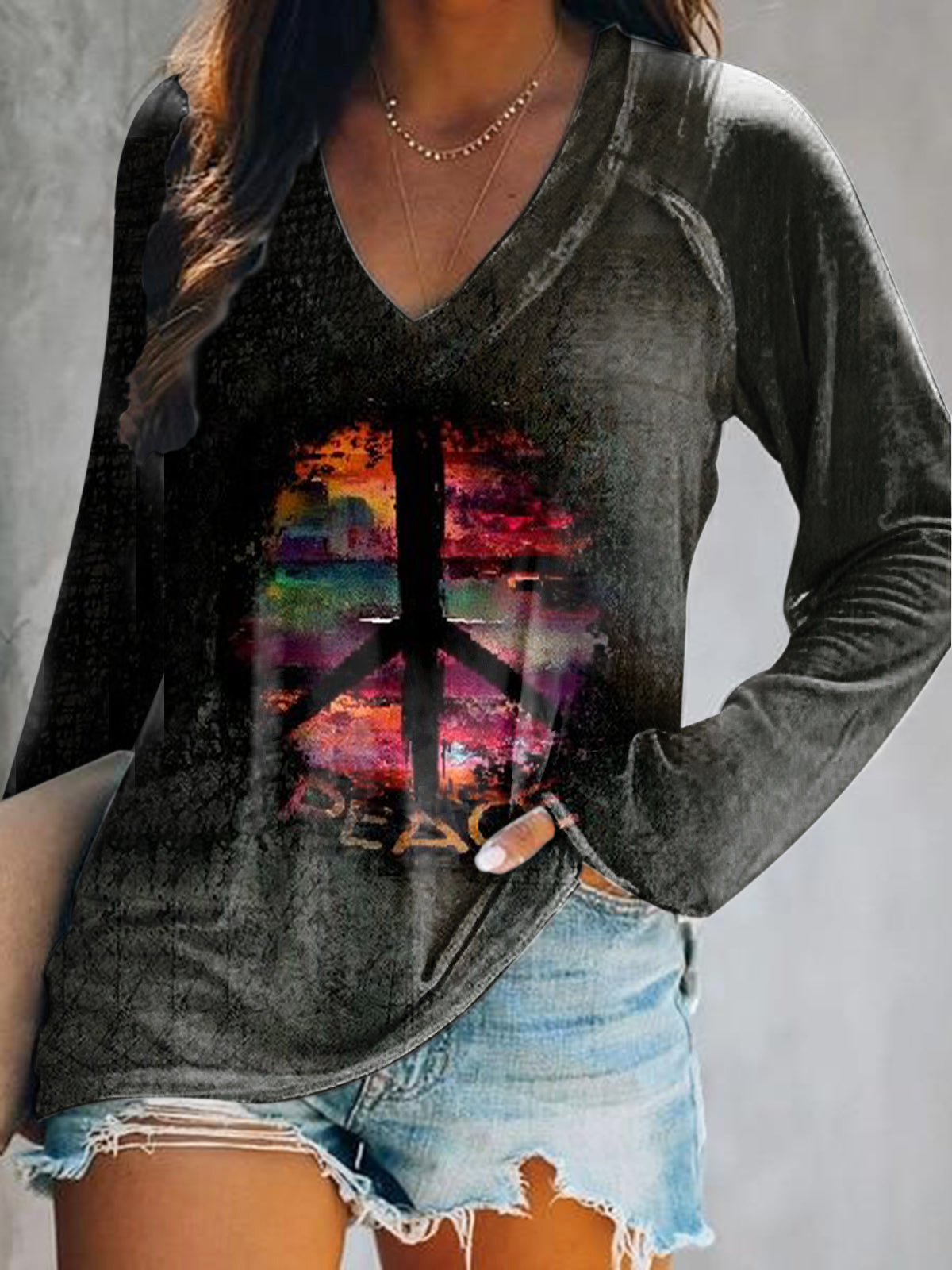 Women's Casual Hippie Peace Art Print V Neck Long Sleeve Tops