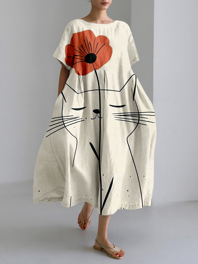 Comstylish Lovely Cat & Flower Graphic Linen Blend Maxi Dress