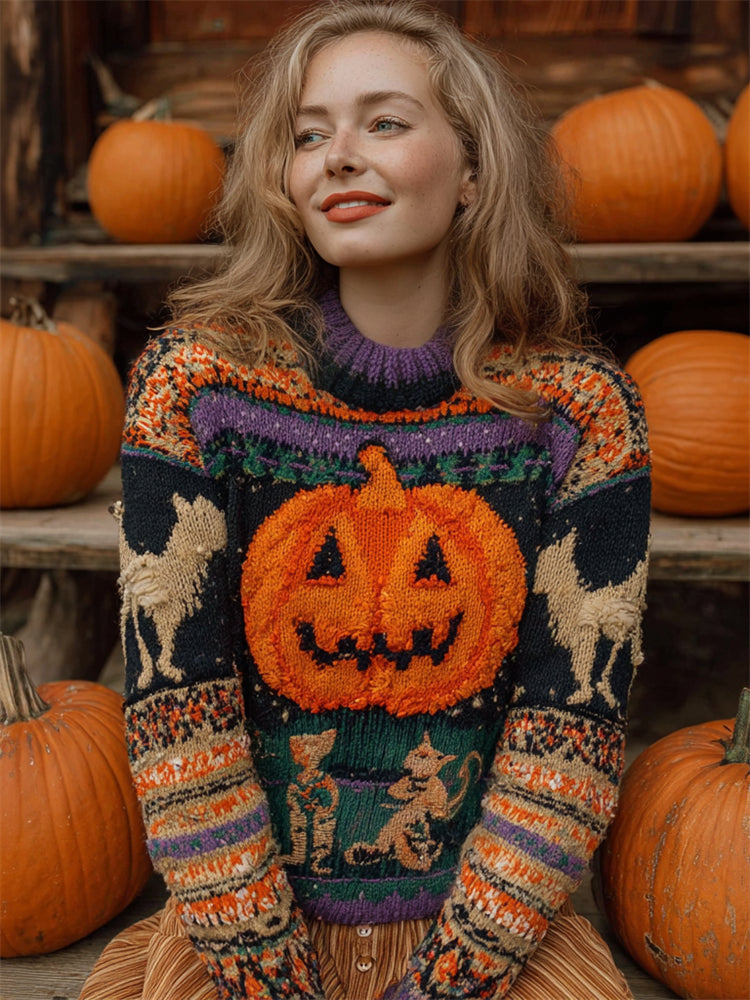 Vintage Halloween Pumpkin Colorful Isle Pattern Cozy Knit Sweater artswardrobe