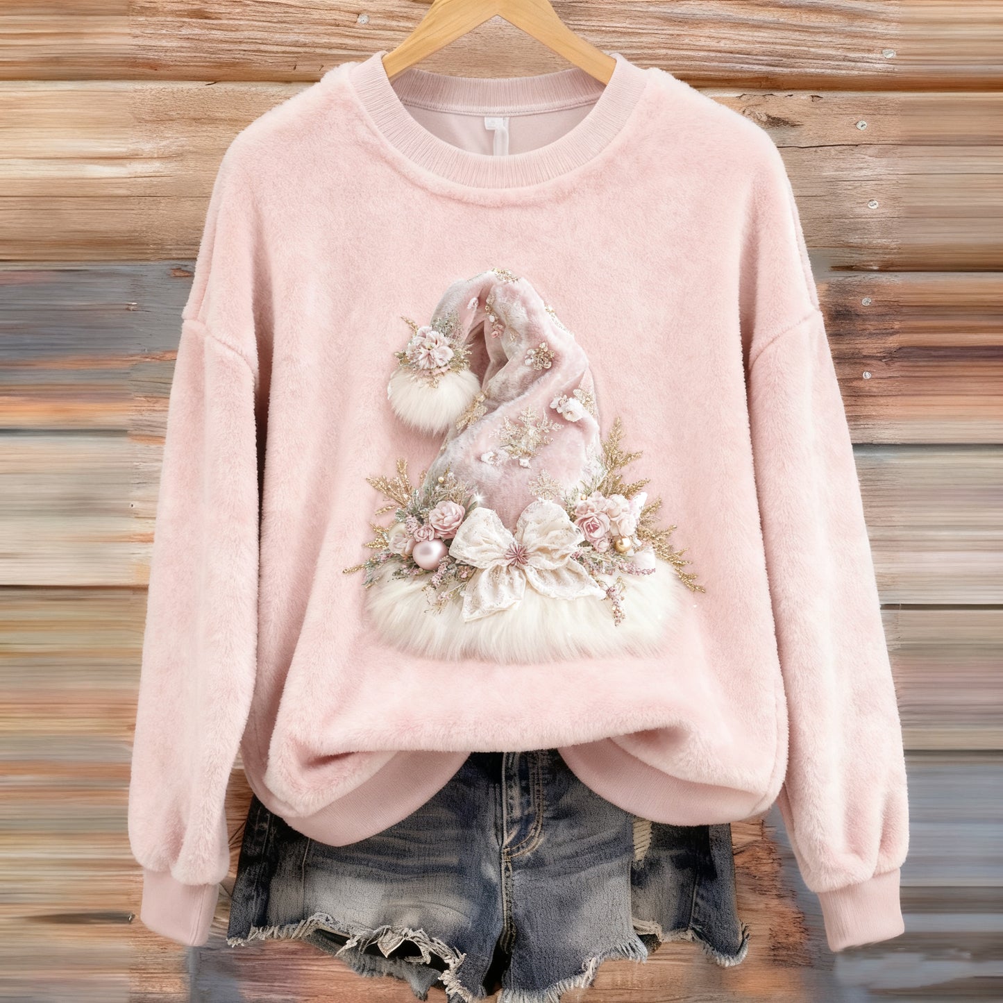 Comstylish Pink Christmas Santa Hat Art Pattern Flannel Sweatshirt