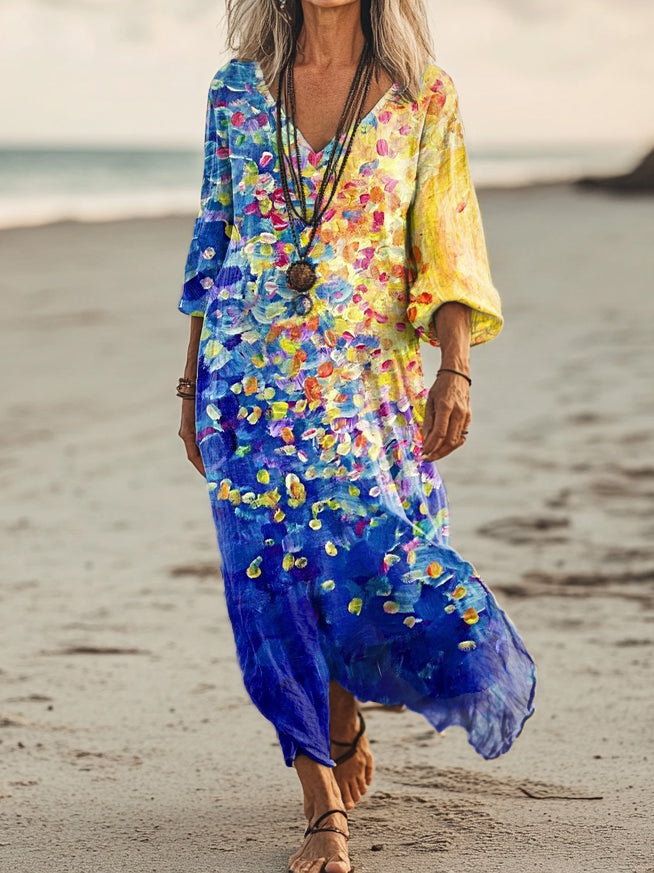 Women's Vintage Floral Art Print Pocket Cotton Dress