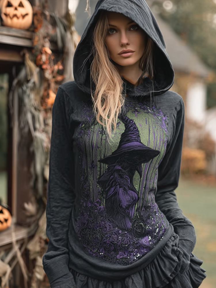 Comstylish Women's Halloween Dark Crow Hooded Sweatshirt