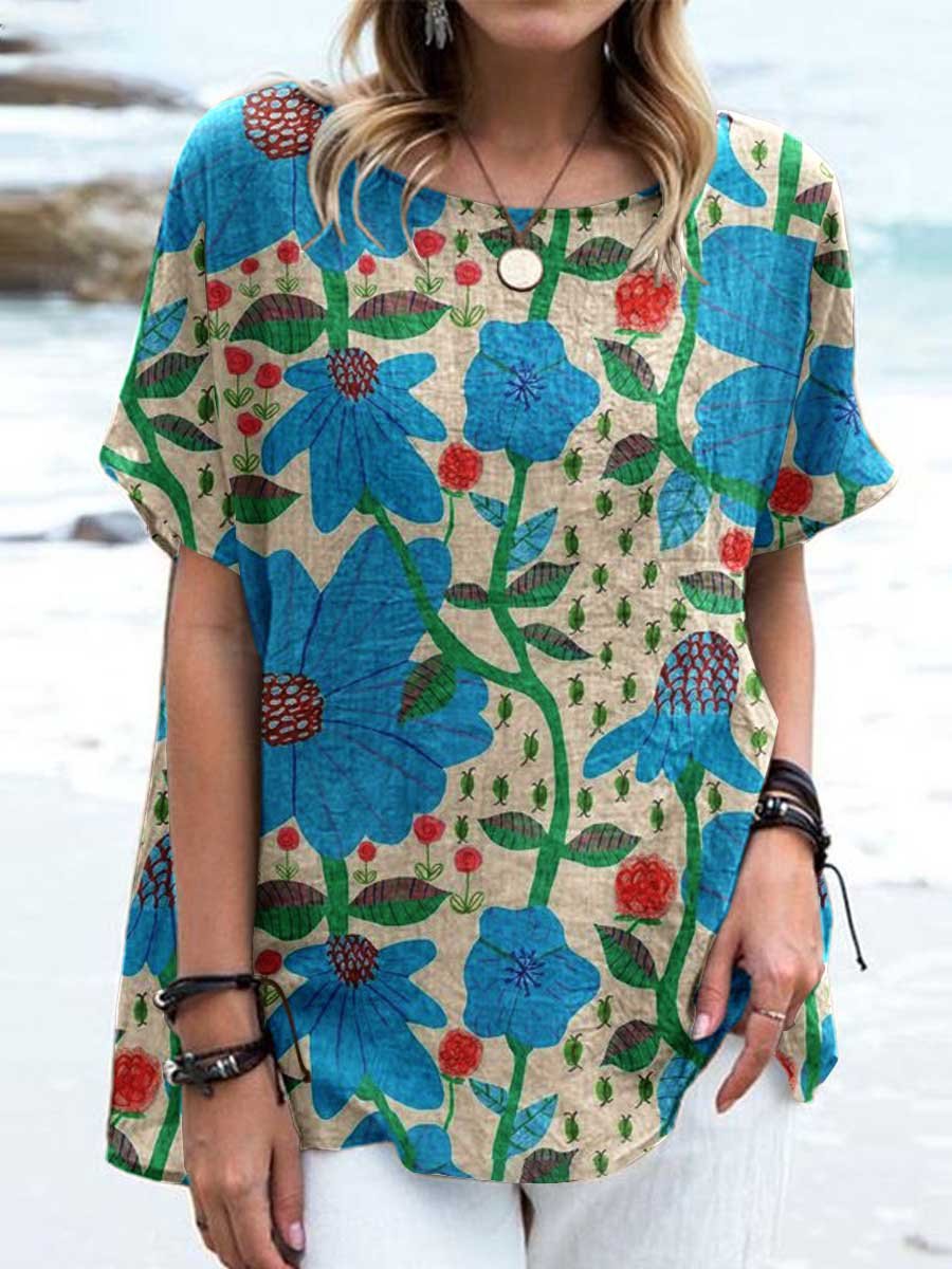 Women's Elegant Vintage Floral Pattern Cotton and Linen Top