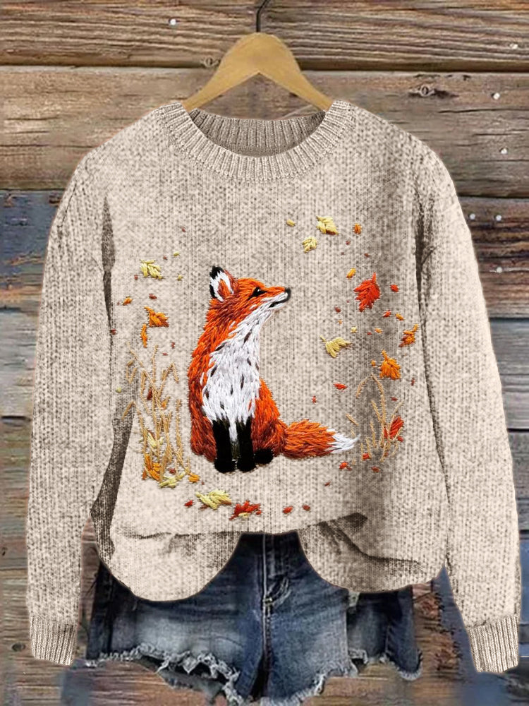 Fox & Falling Leaves Embroidery Art Cozy Knit Sweater artswardrobe