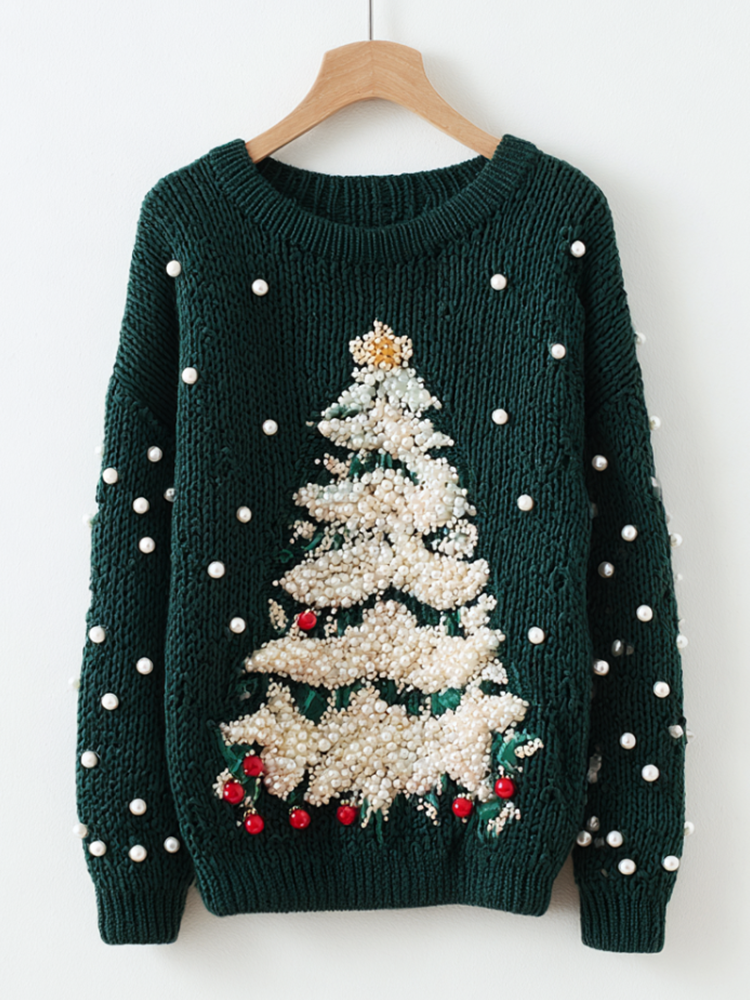 Christmas Tree Elements Women's Round Neck Knit Sweater artswardrobe