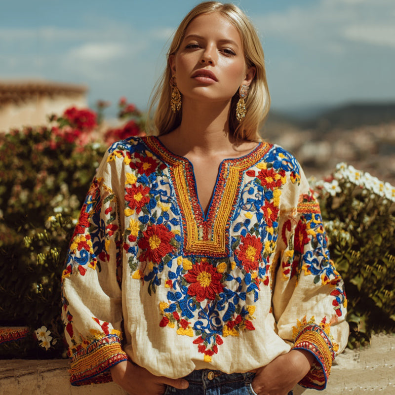 Women's Venezuelan Floral Pattern Linen Blend Cozy Tunic