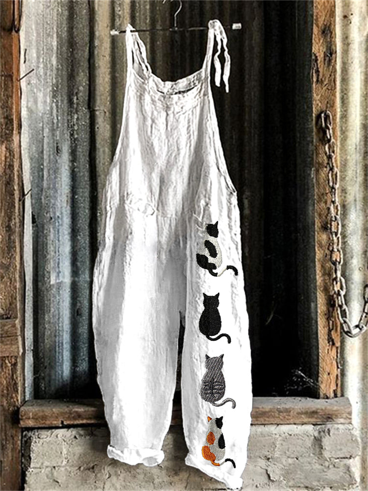 Cats Embroidery Pattern Linen Blend Casual Jumpsuit elevenforest