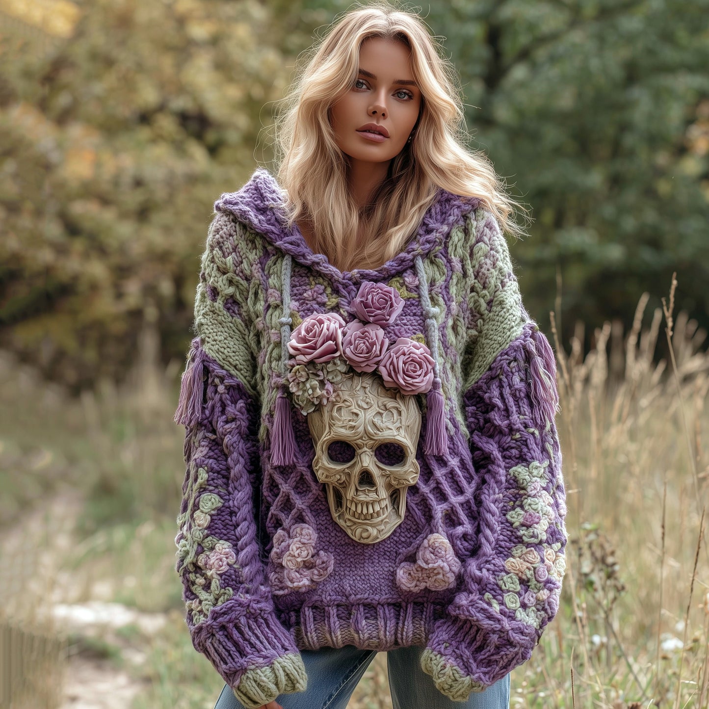 Women's Rose And Skull Inspired Knit Hooded Sweater artswardrobe