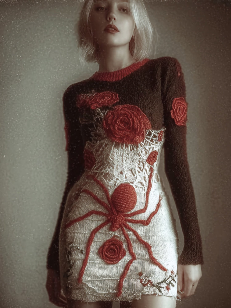 Women Halloween Spider And Rose Vintage Knitted Dress artswardrobe