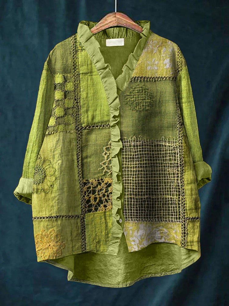 Green Floral Embroidery Art Linen Blend Ruffle Shirt artswardrobe