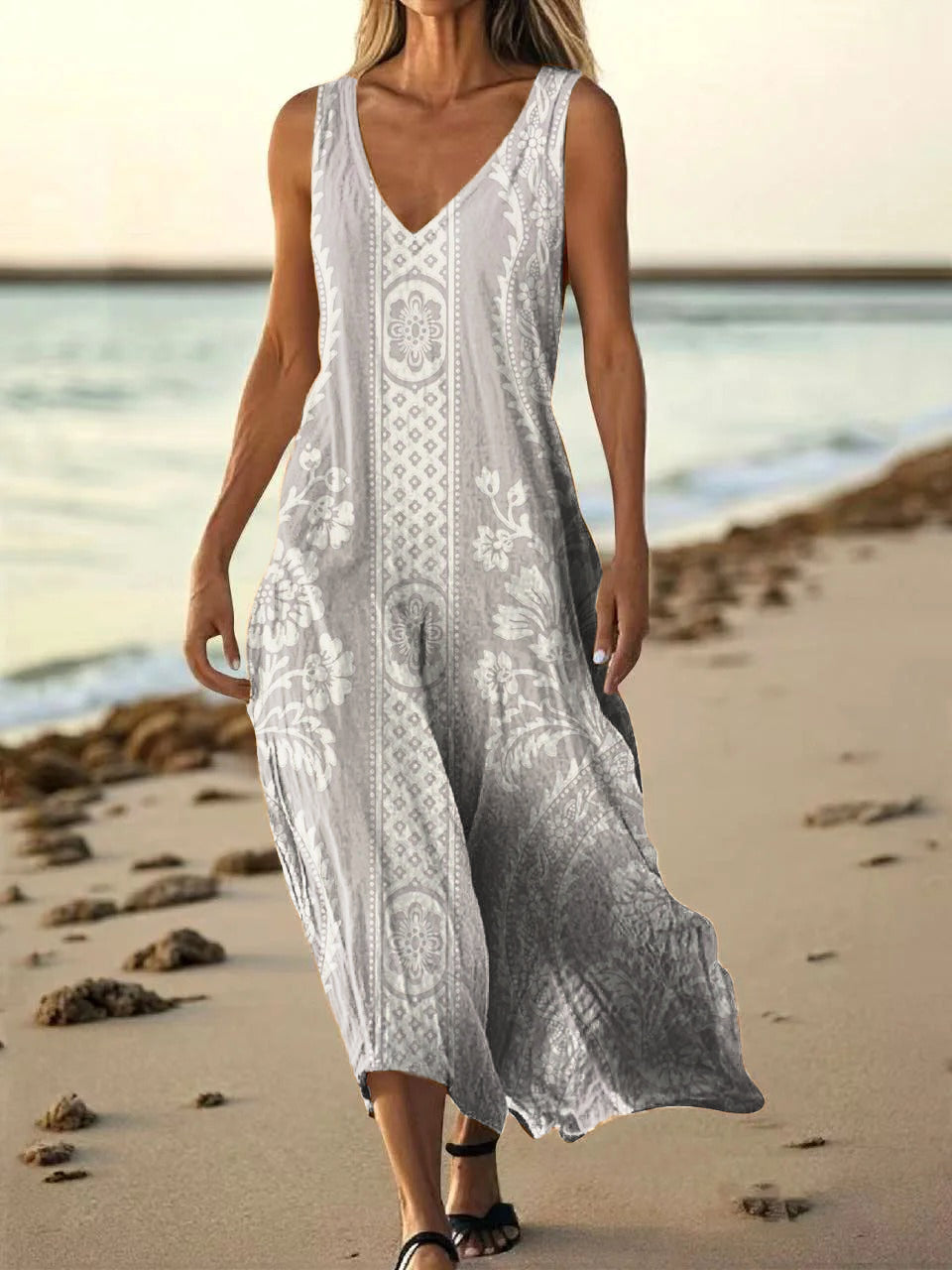 Women's Floral Art Print Pocket Cotton Dresses