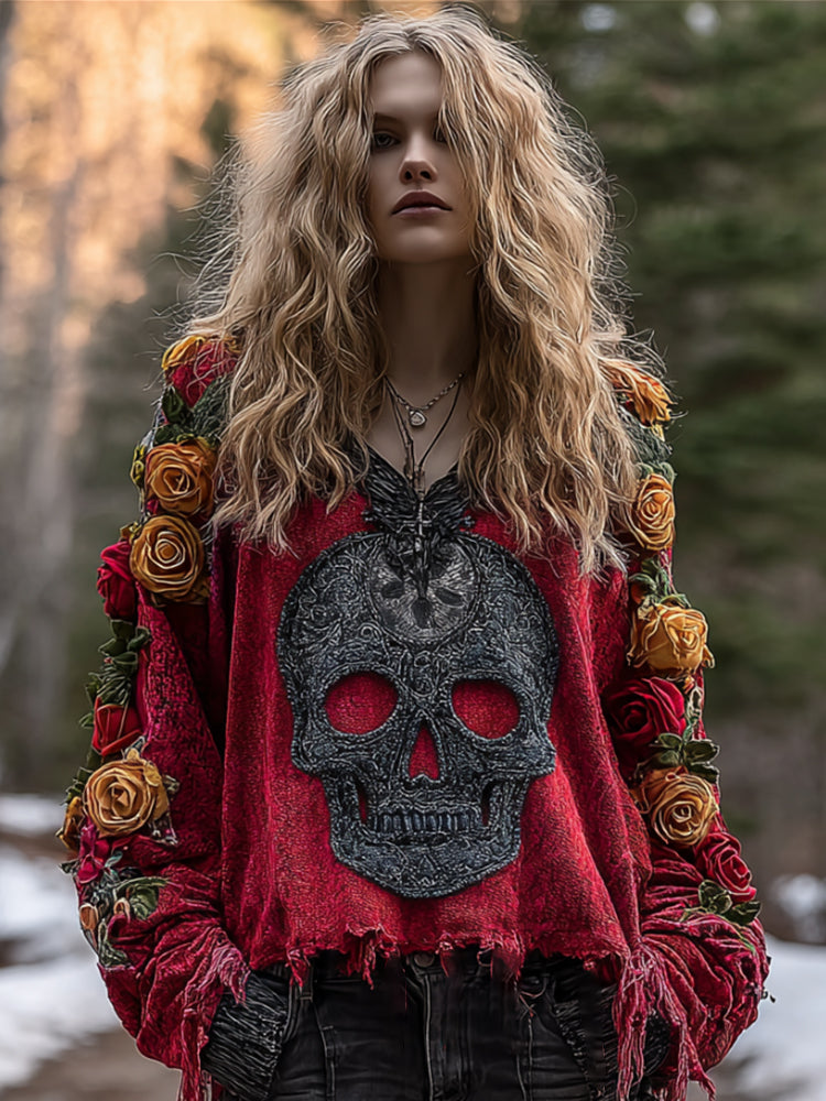 Women's Vintage Skull-print Distressed V-neck Top artswardrobe