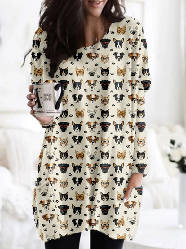Hipster Cats And Dogs Pattern Patch Pocket Comfy Tunic elevenforest