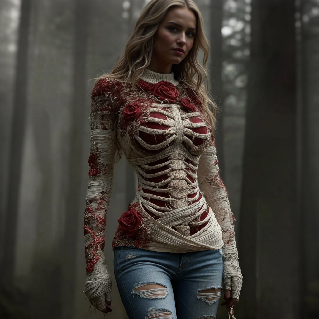 Women's Vintage Red Rose Skeleton Art Cozy Knit Sweater artswardrobe