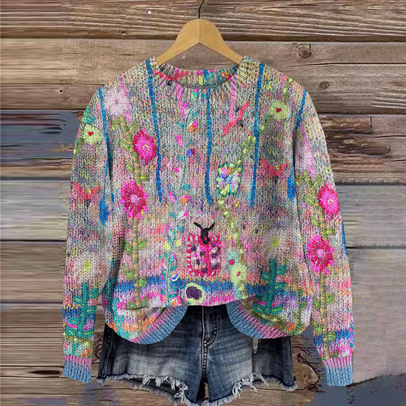 Vintage Floral Print Knitted Cozy Pullover Sweater elevenforest