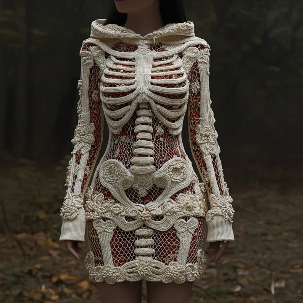 Women's Halloween Skull Sequin Art Knitted Warm Hooded Mini Skirt artswardrobe