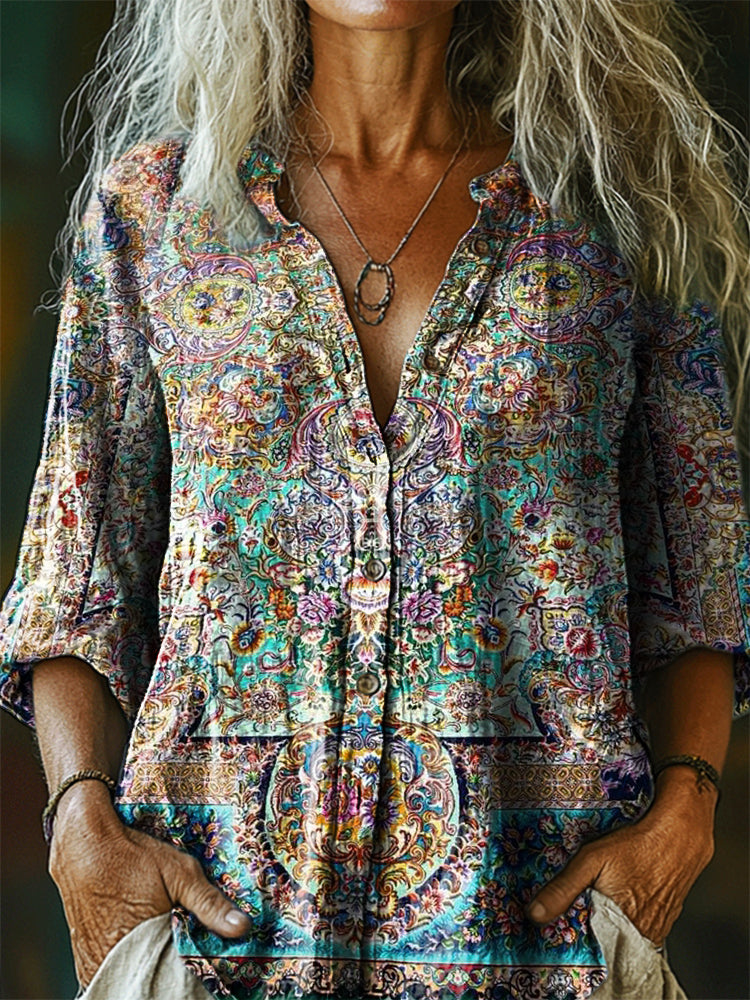 Women's Vintage Ethnic Floral Art Print Casual Cotton Linen Shirt
