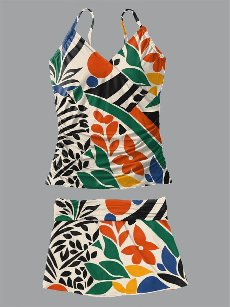 Women's Summer Floral Print Suspender Shirred Swimsuit Set