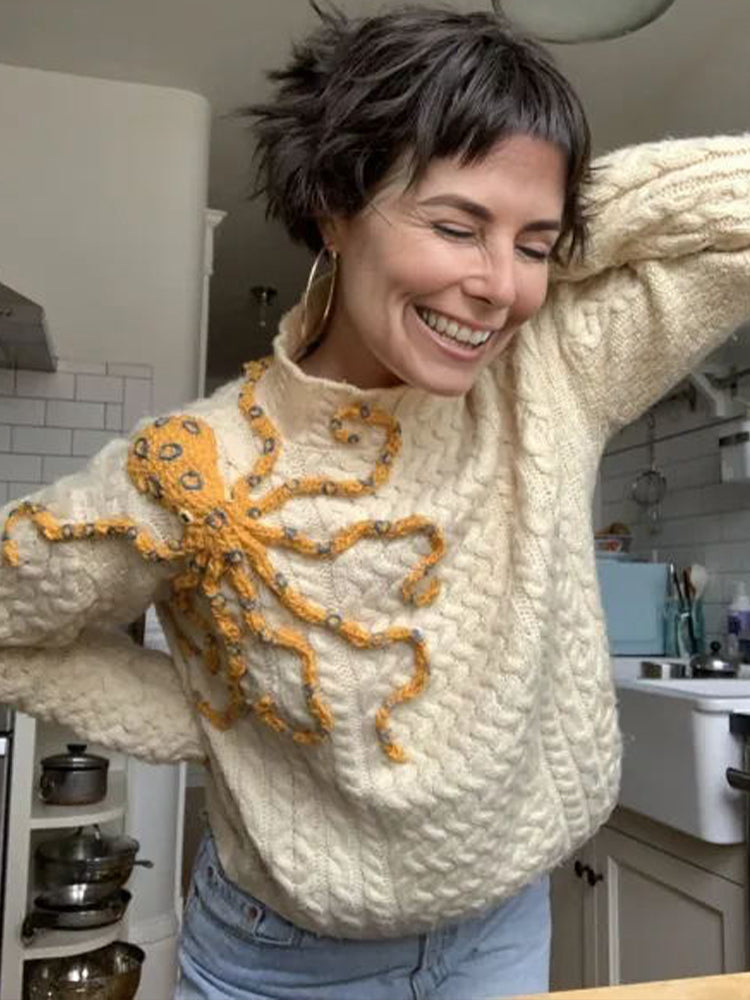 Women's Cute Octopus Embroidery Pattern Cozy Knit Sweater artswardrobe