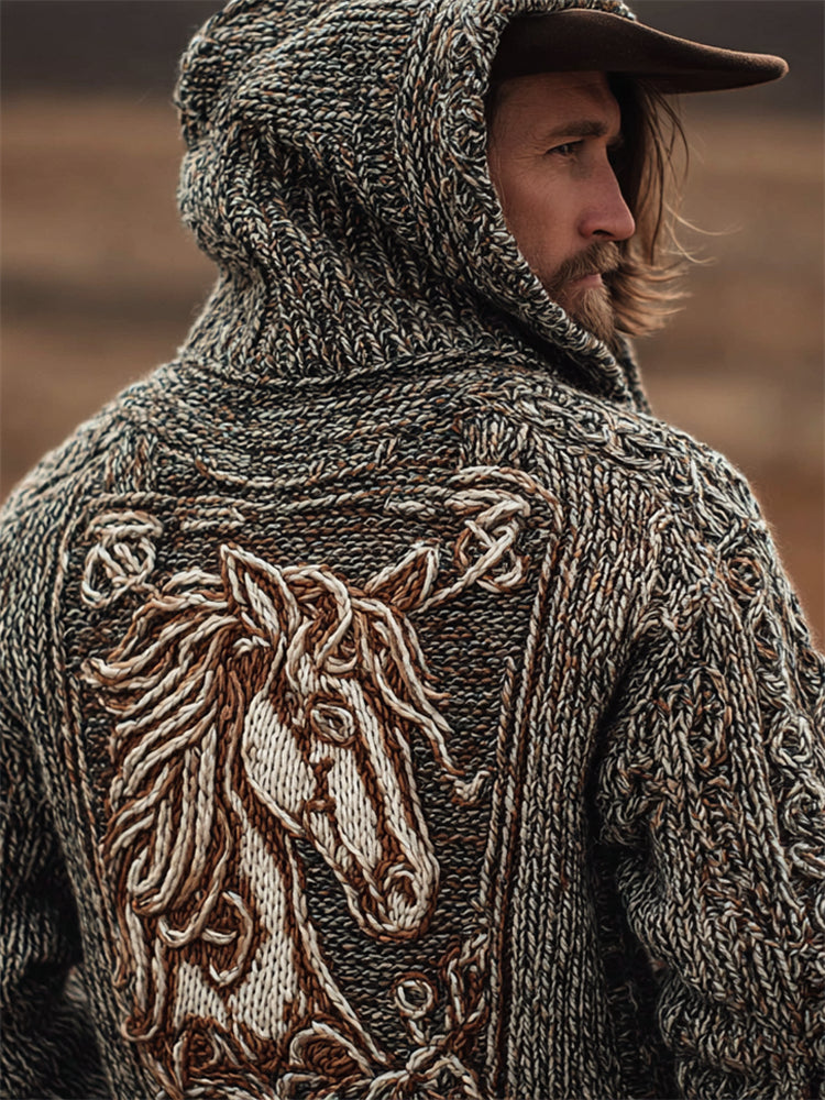 Men's Vintage Horse Celtic Cozy Knit Hooded Sweater artswardrobe