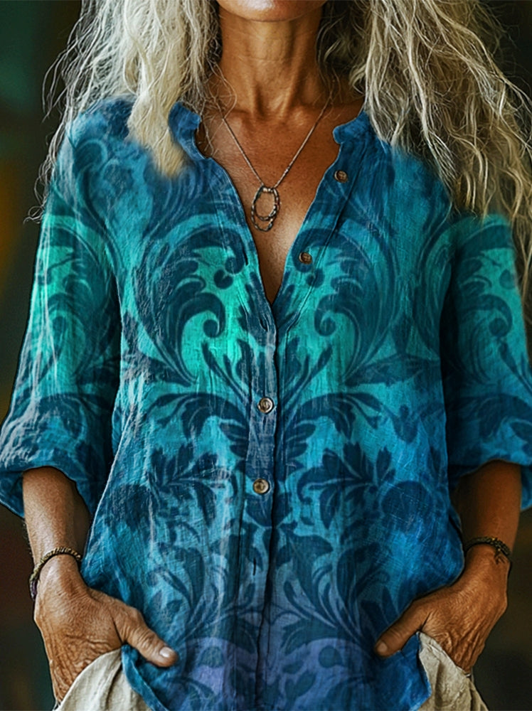 Women's Gradient Folk Floral Art Pattern Print Casual Cotton Linen Shi