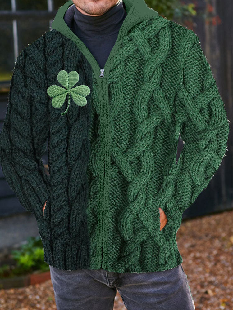 Men's Shamrock Embroidered Jacquard Cozy Hooded Cardigan elevenforest