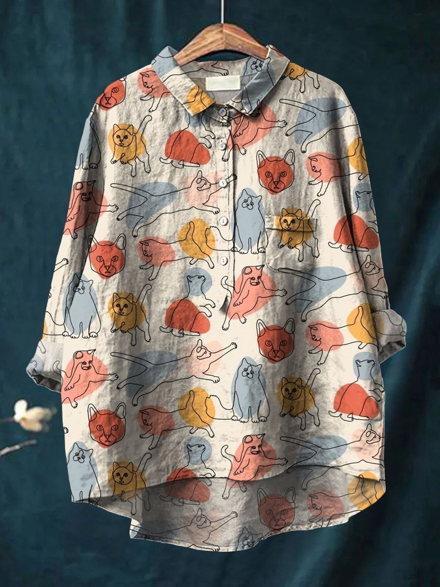 Women's Cat Art Print Casual Cotton And Linen Shirt