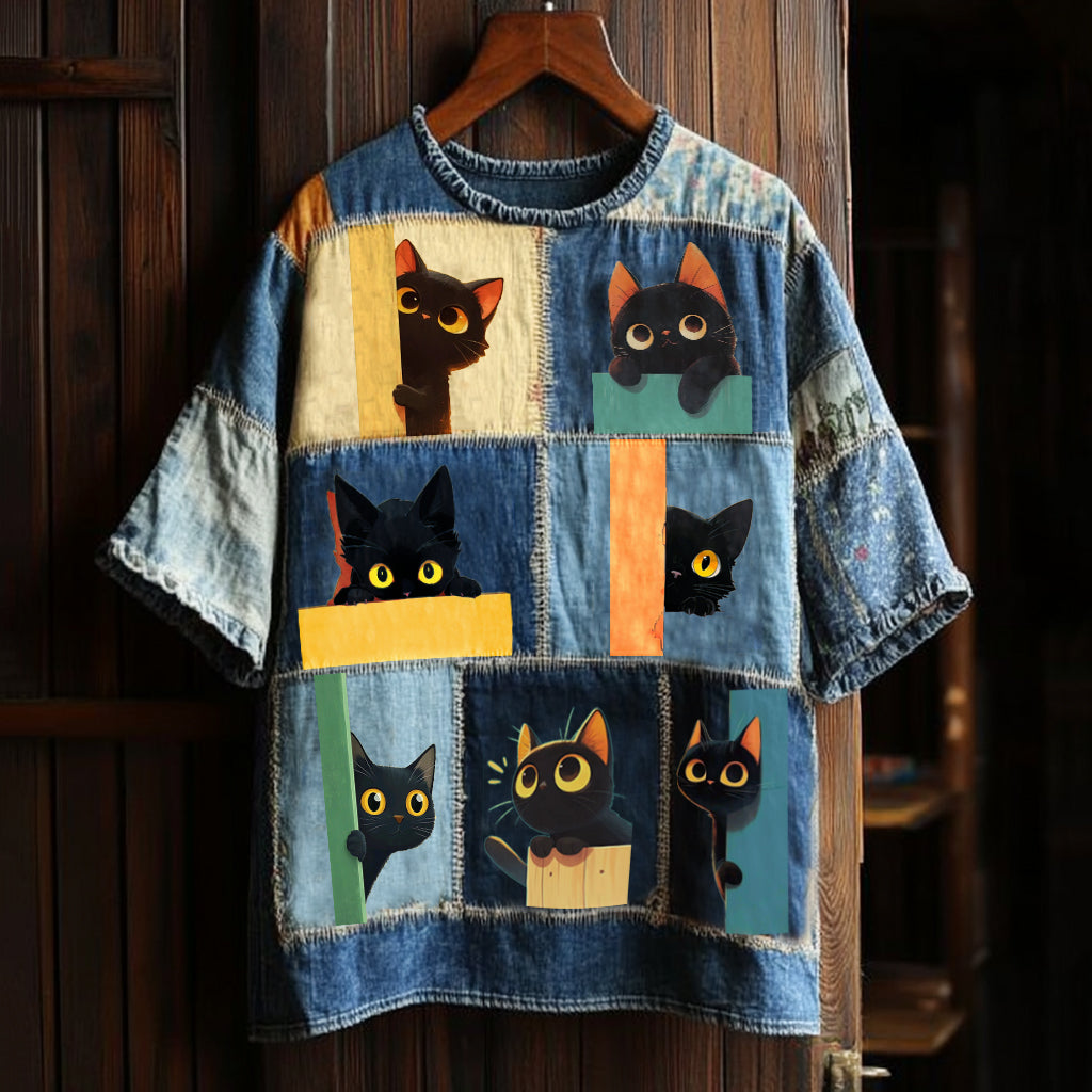 Women's Pop Shy Cat Pattern Patchwork T-shirt elevenforest