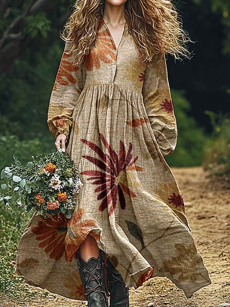 Women's Vintage Art Floral Pattern Cotton And Linen Dress