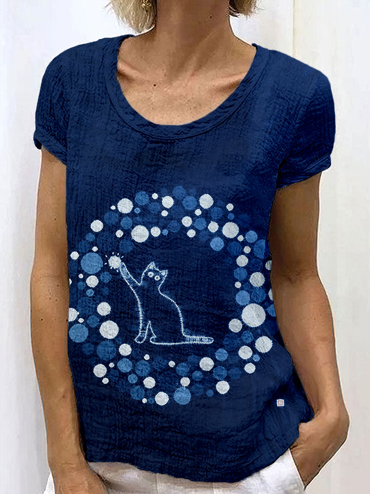 Lovely Cat Indigo Shibori Art Linen Blend Cozy Shirt elevenforest