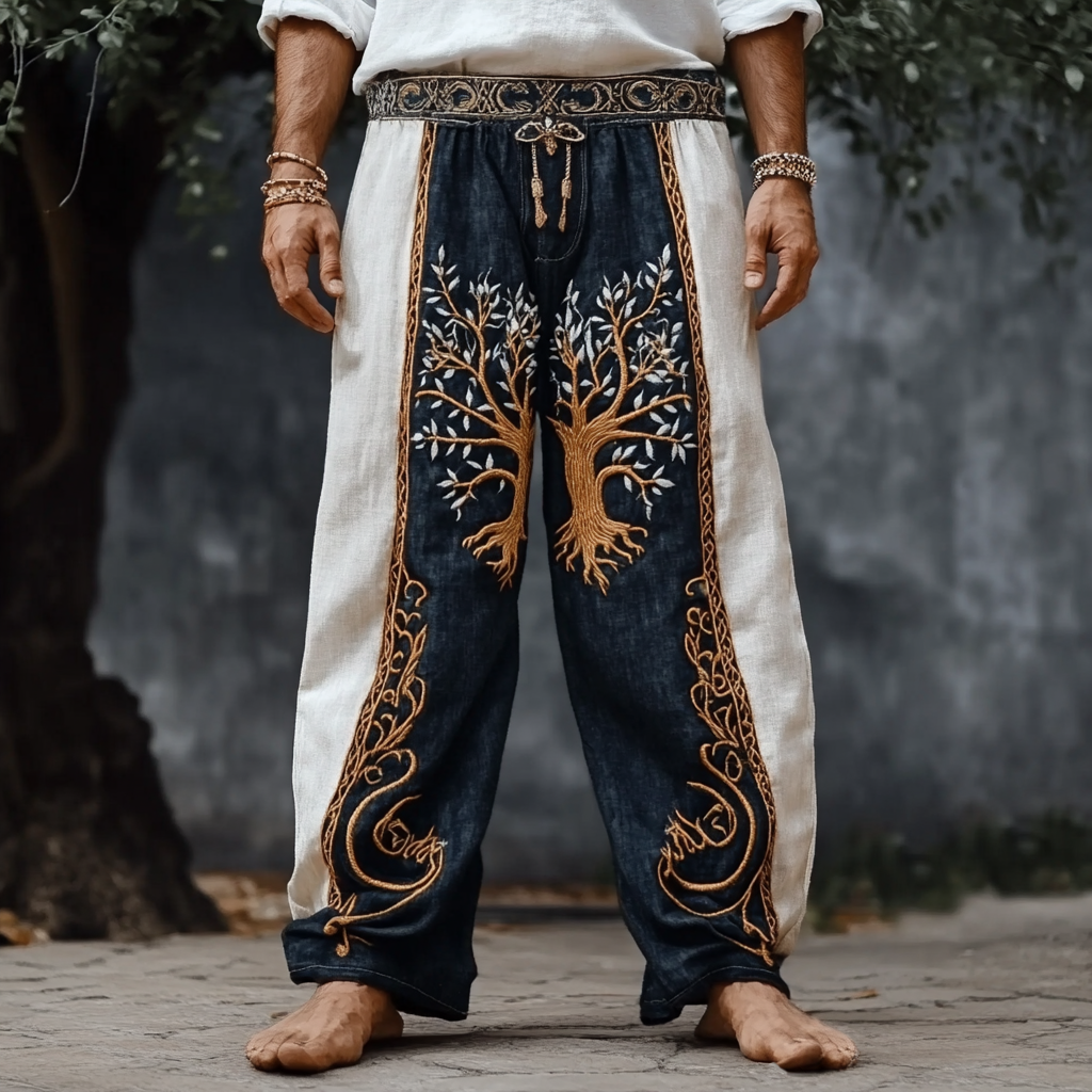 Men's Retro Viking Tree Of Life Contrast Color Linen Pants artswardrobe