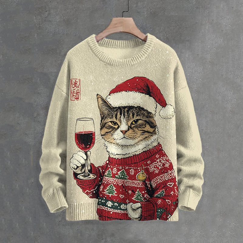 Men's Cat Toast Celebrate Christmas Print Knit Sweatshirt elevenforest
