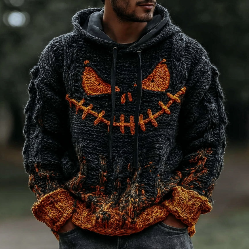 Men's Halloween Pumpkin Art Knit Hooded Sweater artswardrobe