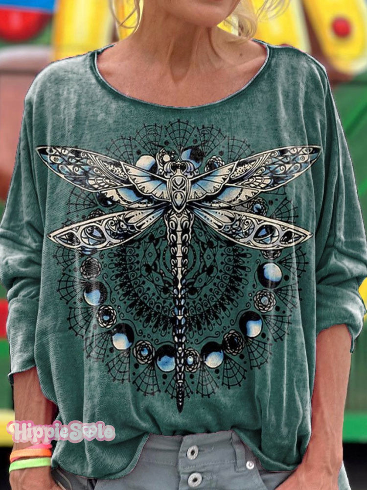 Women's Retro Dragonfly Pattern T-shirt
