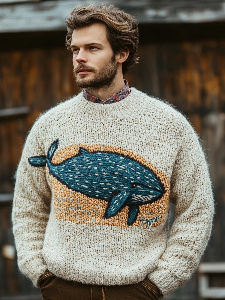 Men's Ocean Whale Embroidered Cozy Knit Sweater artswardrobe