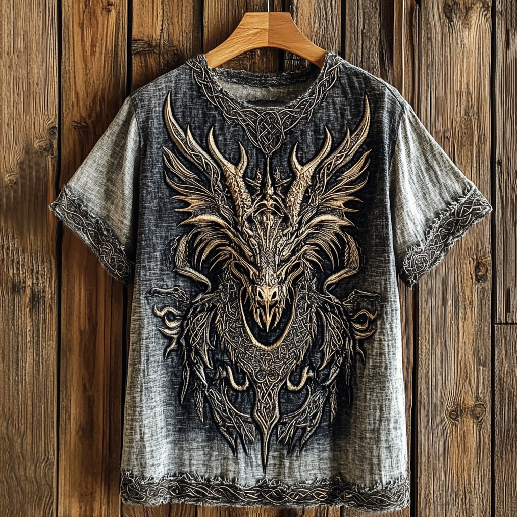 Men's Viking Celtic Wolf Head Washed Contrast Color Linen T-shirt artswardrobe
