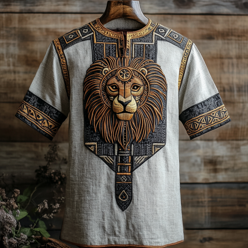 Men's Vintage African Lion Mask Geometry Art Linen Shirt artswardrobe