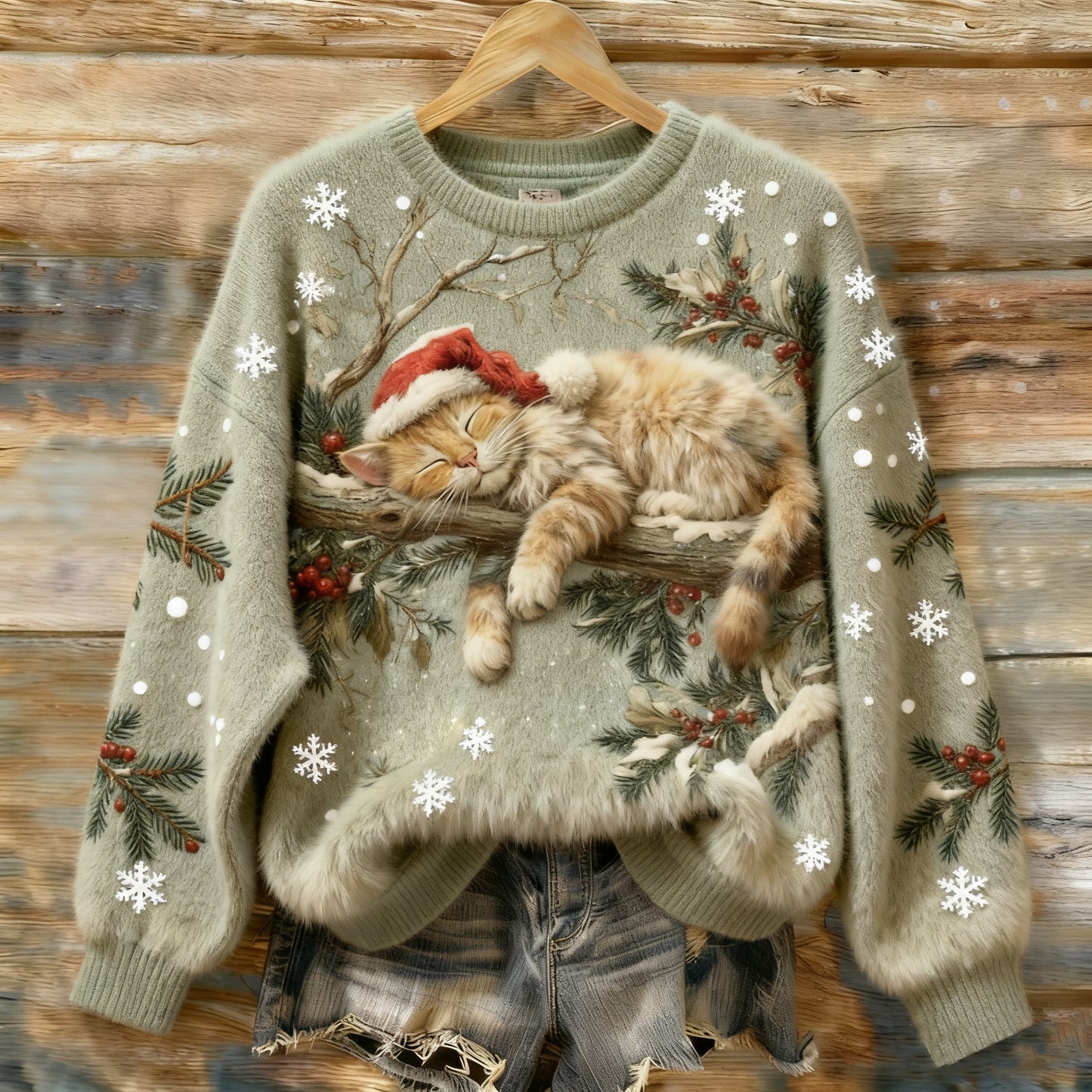Comstylish Vintage Christmas Lazy Cat Art Women's Cozy Plush Sweater