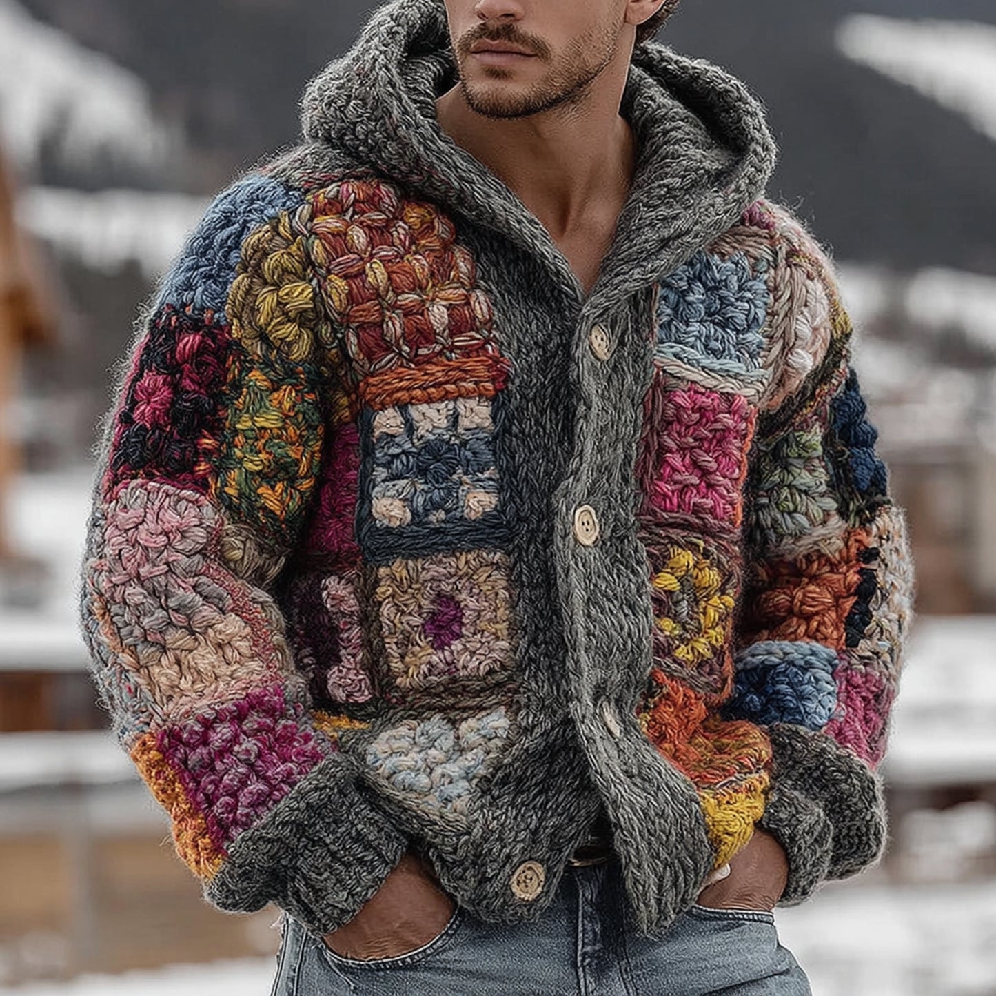 Men's Retro Geometric Knitted Warm Button Hooded Sweater artswardrobe