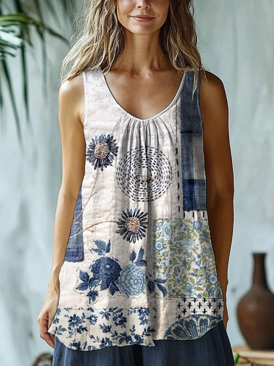 Floral Embroidered Patchwork Linen Blend Tank Top artswardrobe