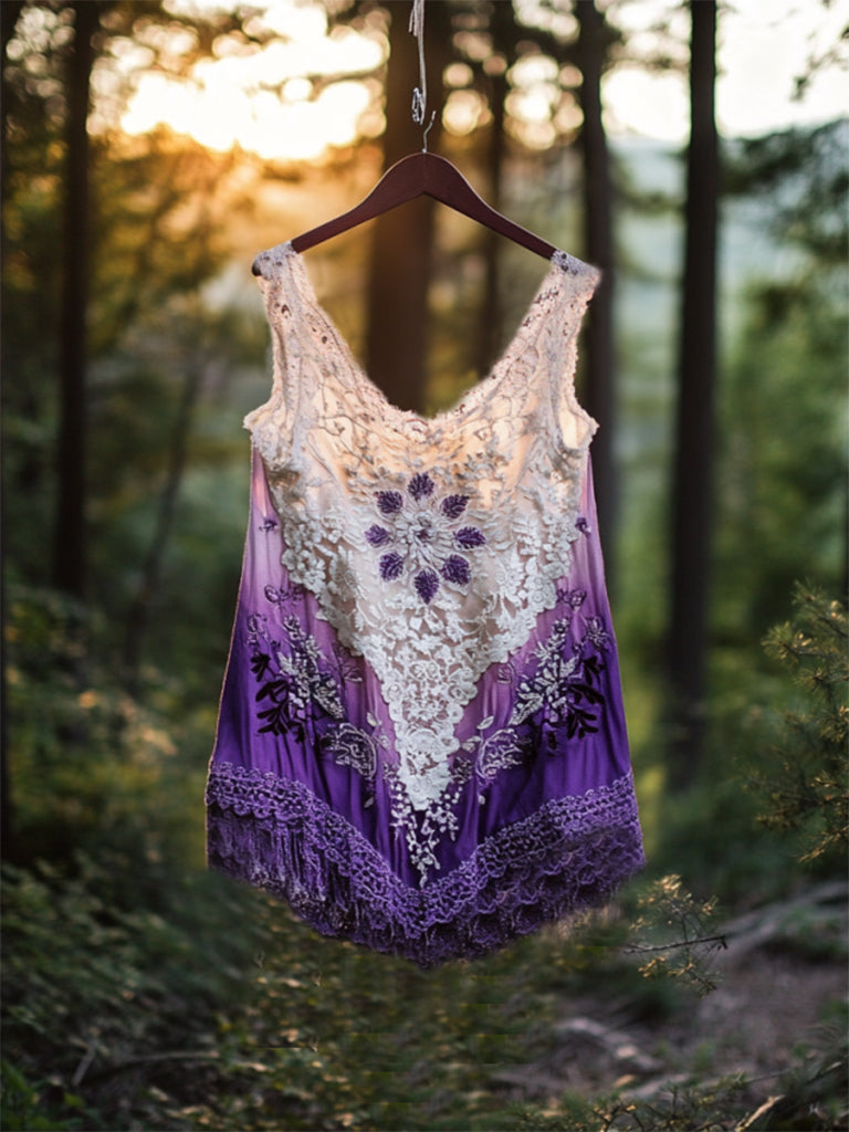 Boho Lavender Gradient Lace Art Linen Sleeveless Tank Top artswardrobe