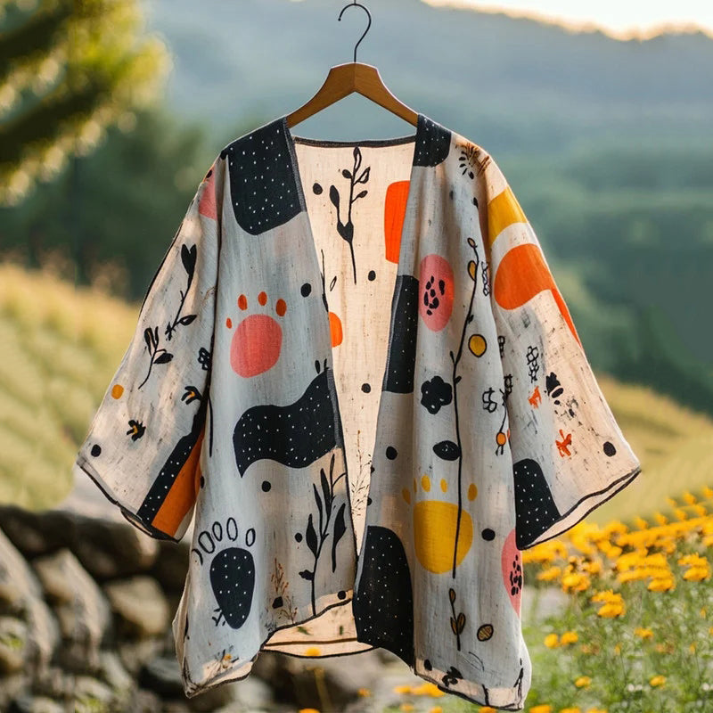 Summer Farm Cat Peekaboo Natural Patchwork Linen Kimono elevenforest