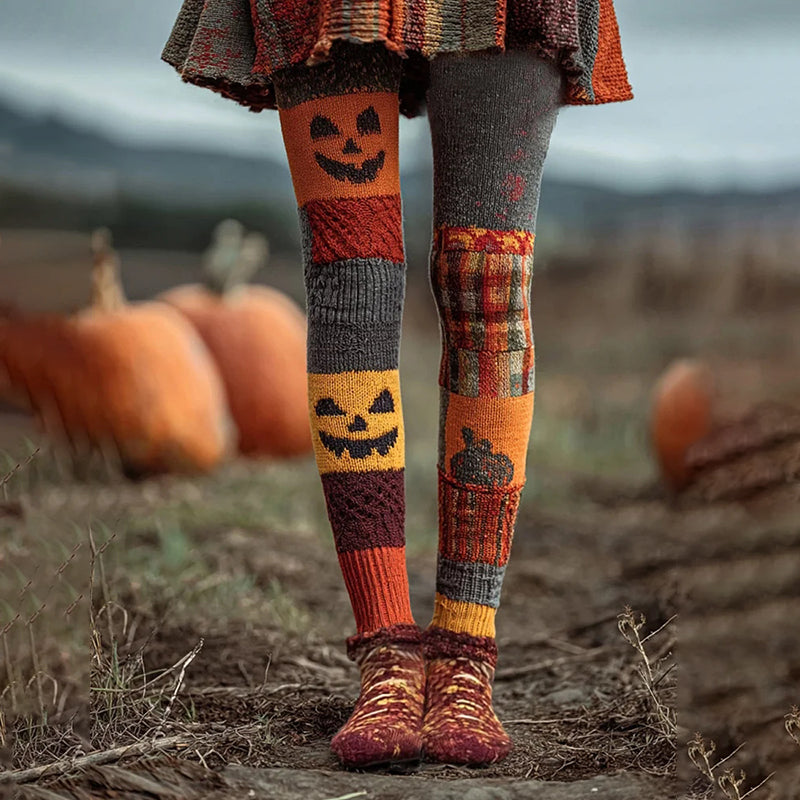 Women's Halloween Pumpkin Face Patchwork Art Casual Leggings artswardrobe