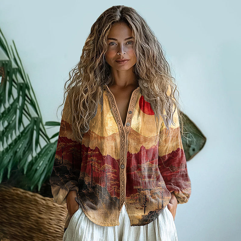 Bohemian Style Linen Sunrise Art Print Long Sleeve Shirt artswardrobe