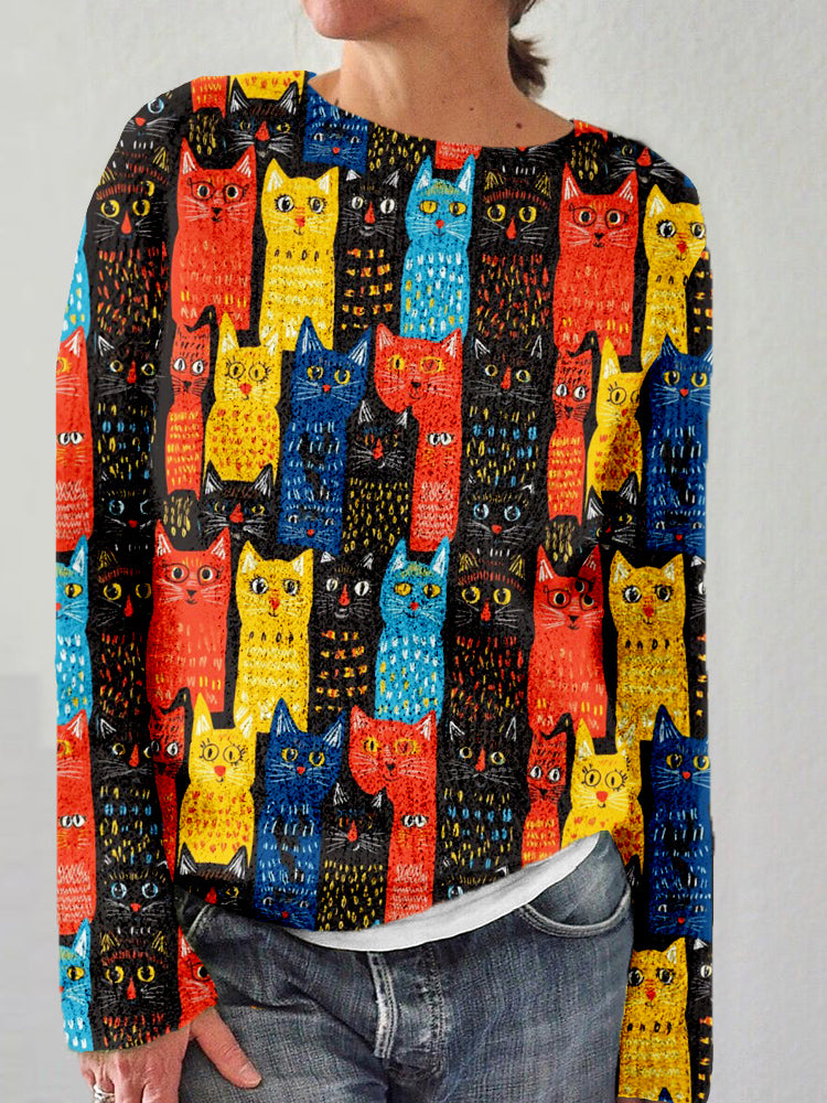 Colorful Cat Folk Art Pattern Cozy Sweater elevenforest