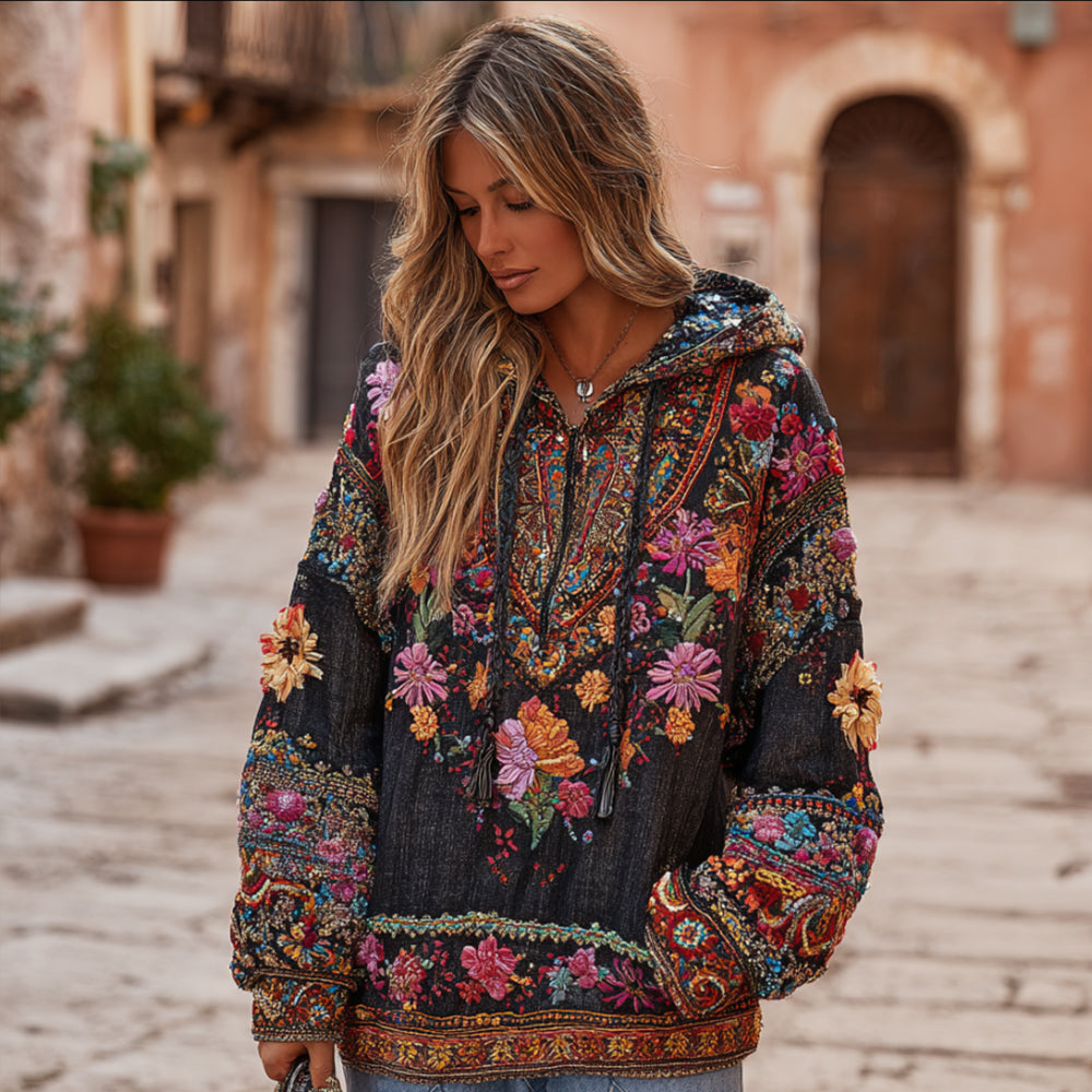 Comstylish Women's Vintage Ethnic Floral Pattern Hoodie