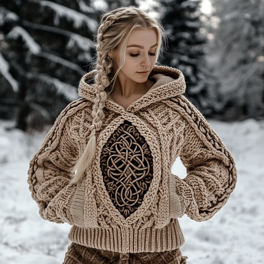 Women's Viking Tree Of Life Jacquard Celtic Knit Hooded Sweater artswardrobe